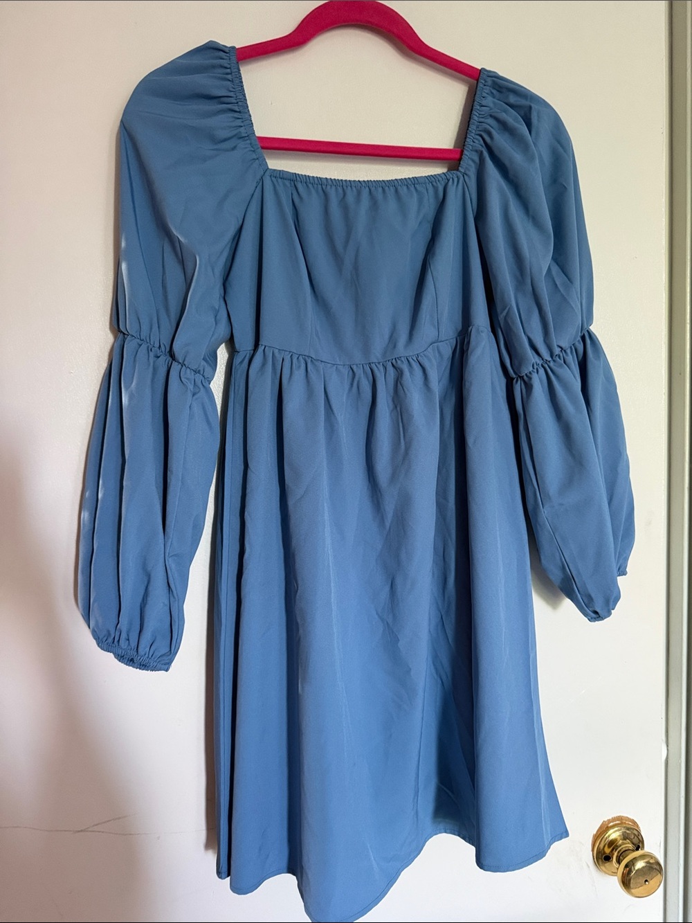 NWT EXLURA Blue Square Neck Puff Sleeve Babydoll Mini Dress Size Small